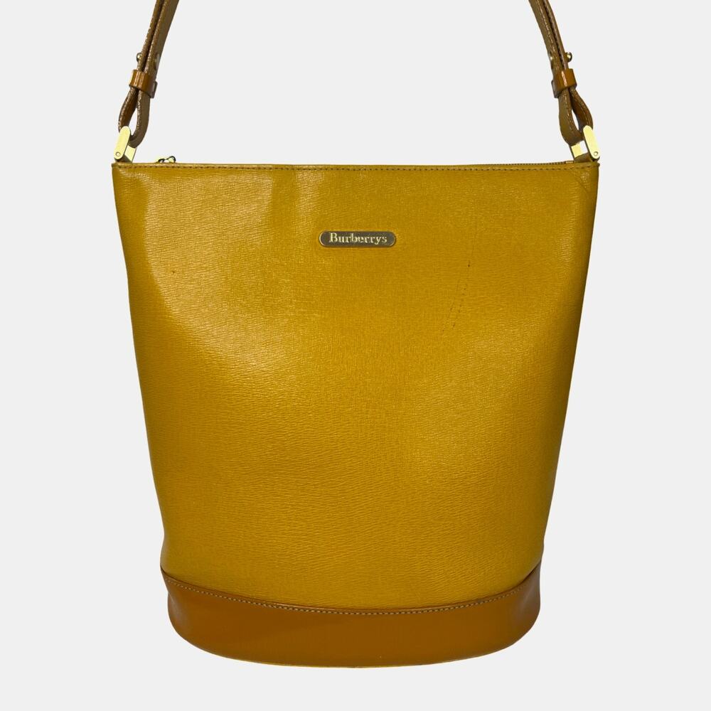 Burberrys Yellow Embossed Leather Bucket Shoulder Bag Vintage Nova Check Lining - Picture 1 of 16